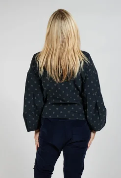 Polkadot Needlecord Puffed Sleeve Top in Black