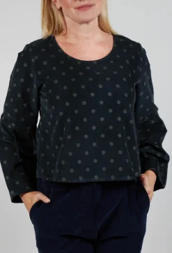 Polkadot Needlecord Puffed Sleeve Top in Black