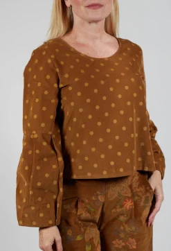 Polkadot Needlecord Puffed Sleeve Top in Tabacco
