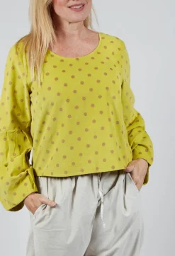 Polkadot Needlecord Puffed Sleeve Top in Acid Green