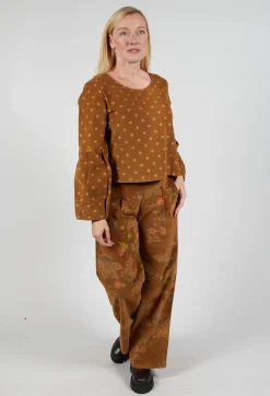 Polkadot Needlecord Puffed Sleeve Top in Tabacco