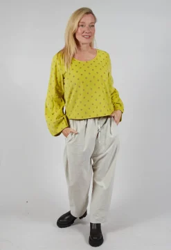 Polkadot Needlecord Puffed Sleeve Top in Acid Green