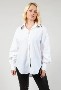 Poplin Cotton Shirt with Knitted Collar in White