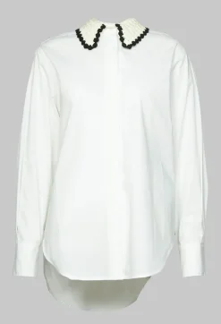 Poplin Cotton Shirt with Knitted Collar in White