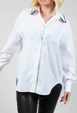 Poplin Cotton Shirt with Knitted Collar in White