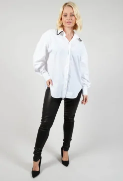 Poplin Cotton Shirt with Knitted Collar in White
