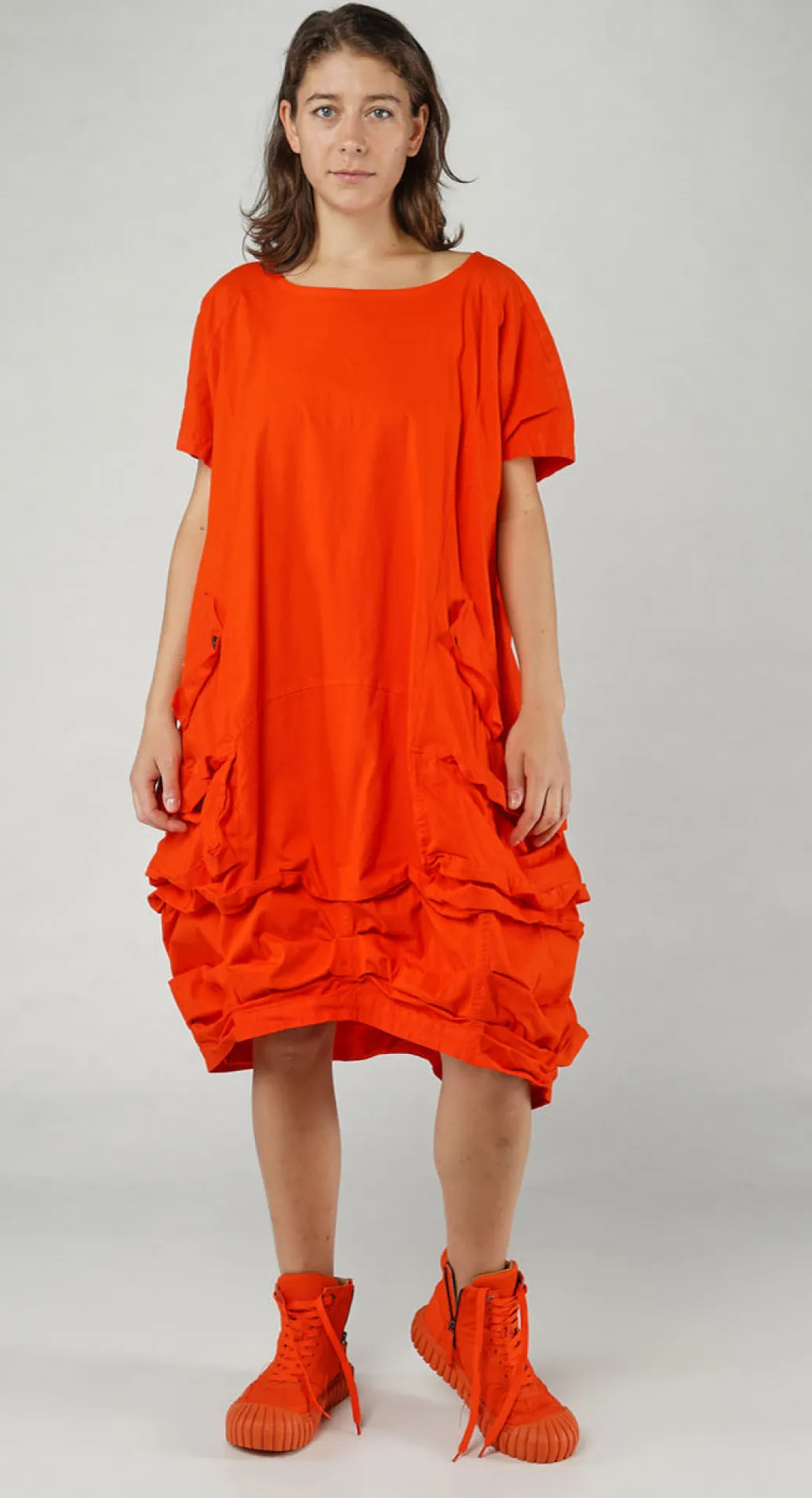 PRE-ORDER - Balloon-Shaped Midi Dress with Folded Fabric Detailing in Semi Bleach (Pictured in Mandarine)