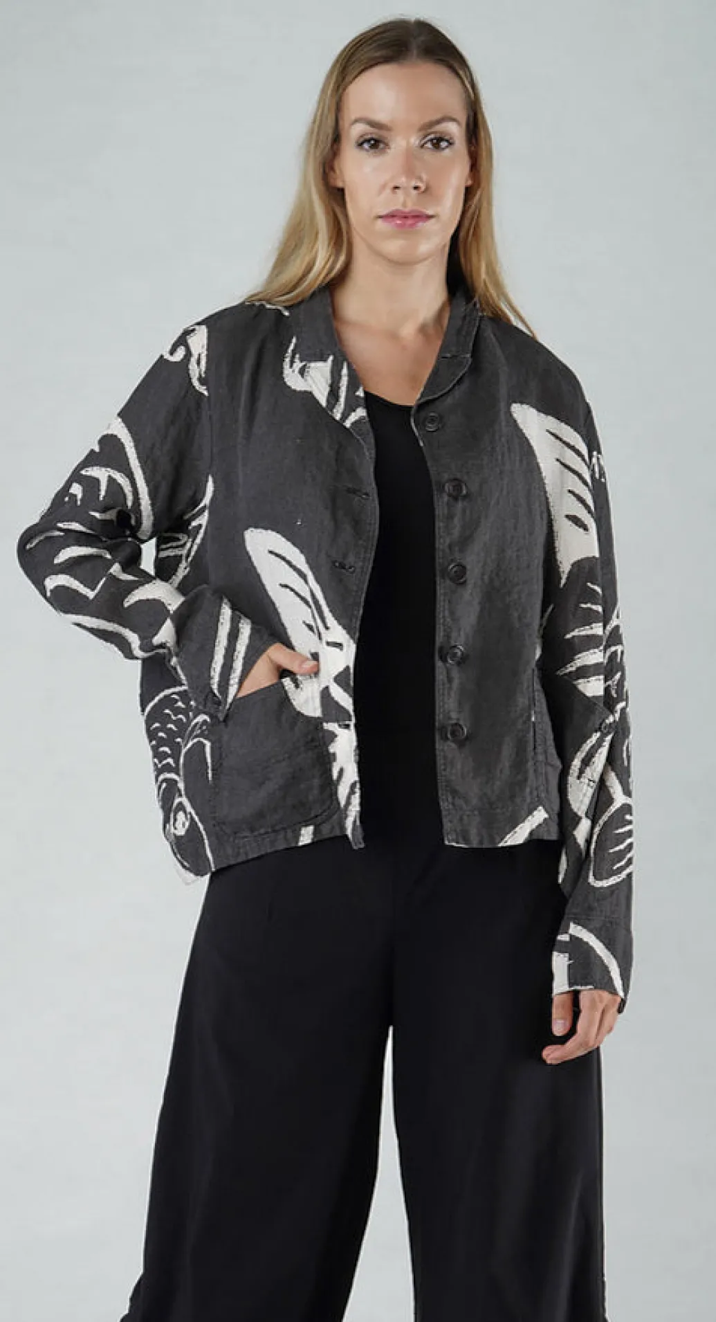 PRE-ORDER - Boxy Linen Jacket in Black Print