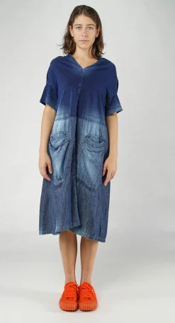 PRE-ORDER -  Denim Dress with Overlapping Pleat Detail in Mandarine Dye (Pictured in Stonewash)