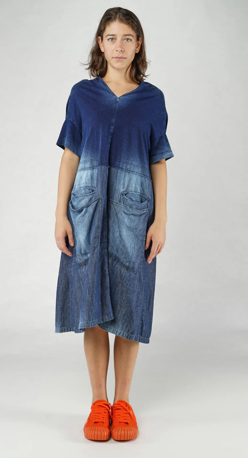 PRE-ORDER - Denim Dress with Overlapping Pleat Detail in Mandarine Dye (Pictured in Stonewash)