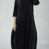 PRE-ORDER - Dual Fabric Tulip Hem Dress in Offwhite (Pictured in Black)