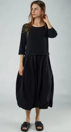 PRE-ORDER - Dual Fabric Tulip Hem Dress in Offwhite (Pictured in Black)