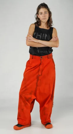PRE-ORDER - High-Waisted Drop-Crotch Printed Jeans in Bleachwash (Pictured in Mandarine)