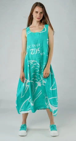 PRE-ORDER - Linen Tulip Hem Dress in Grey Print (Pictured in Aqua Print)