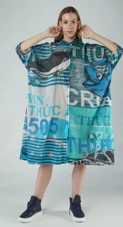 PRE-ORDER - Oversized Lightweight Shirt Dress in Navy Print (Pictured in Colorful)