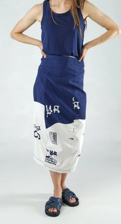 PRE-ORDER - Pull On Curved Hem Pencil Skirt in Navy Print
