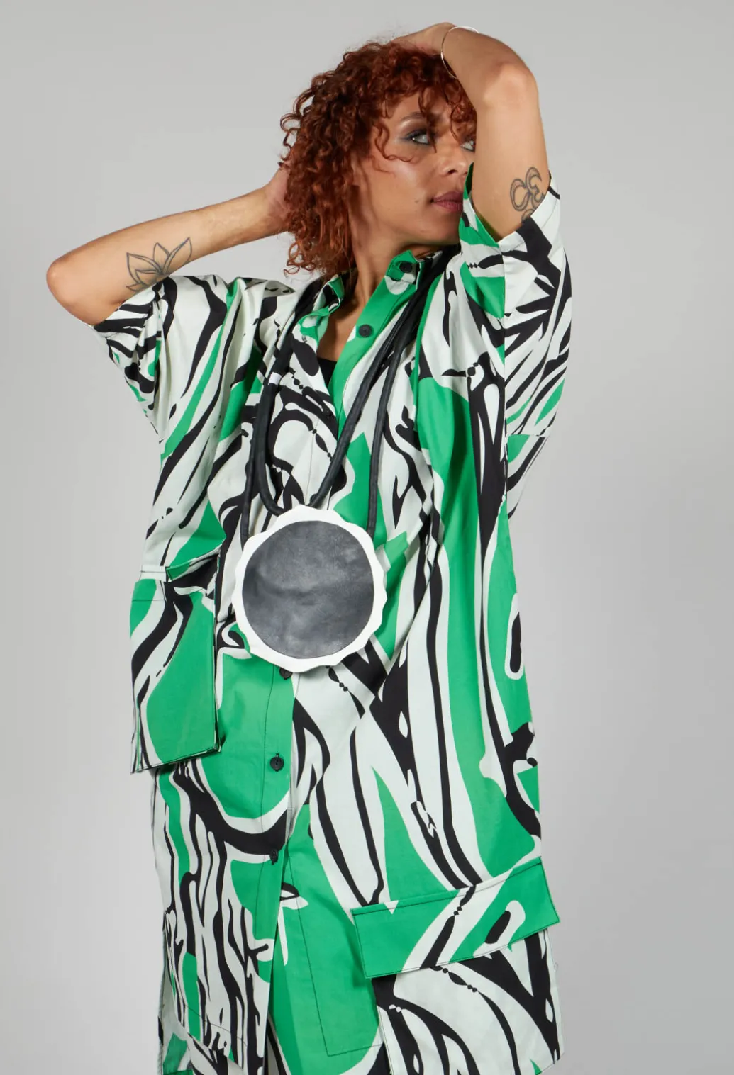 Print Patterned Shirt Dress in Original Green