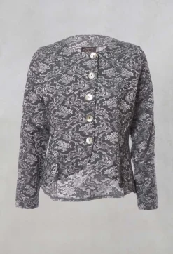 Printed Collarless Cropped Jacket in Charcoal