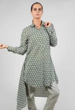 Printed Shirt Dress with Tie Front in Alga