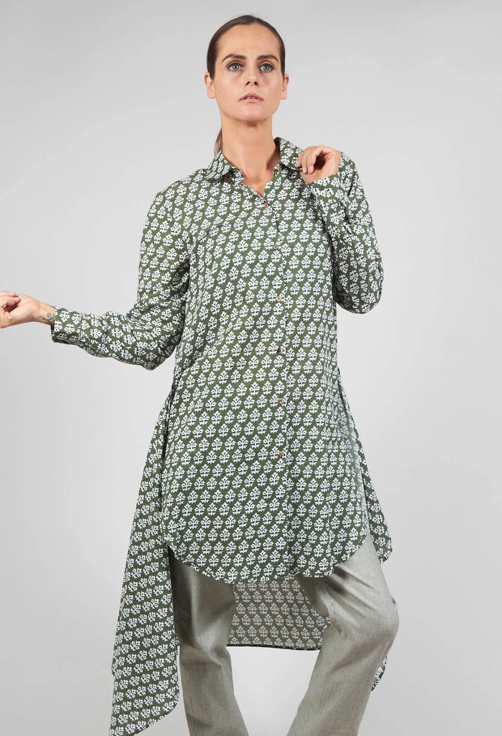 Printed Shirt Dress with Tie Front in Alga