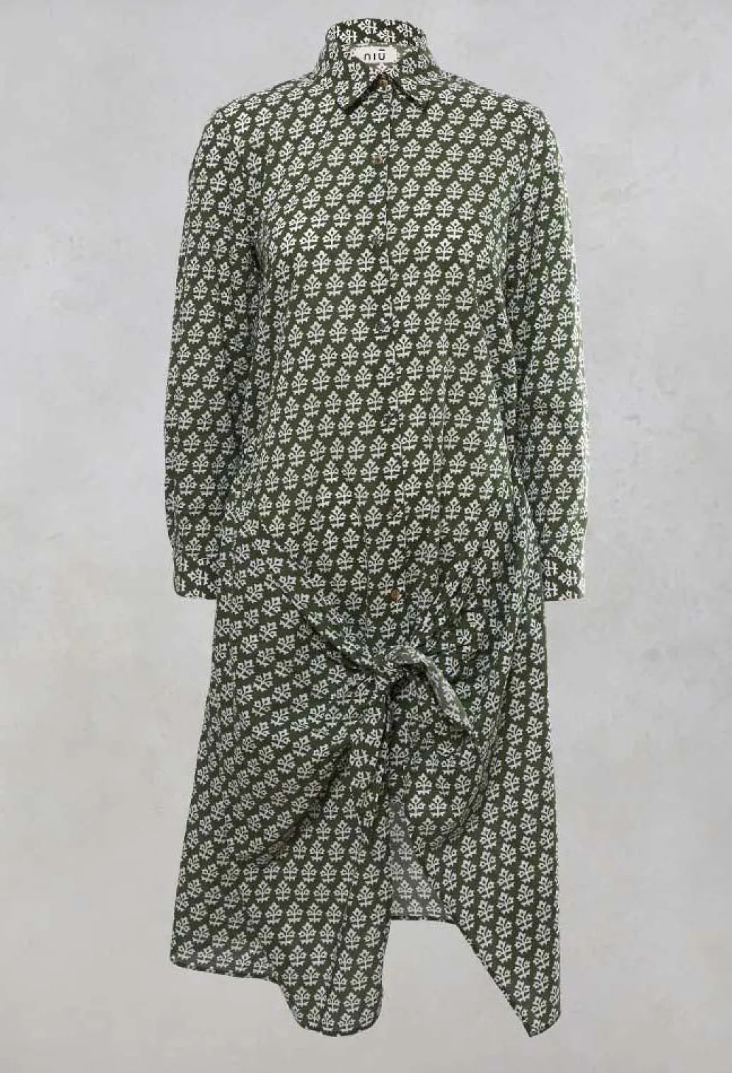 Printed Shirt Dress with Tie Front in Alga