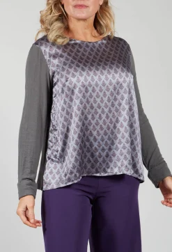 Printed Silk Contrasting Fabric Trapeze Shirt in Quartz