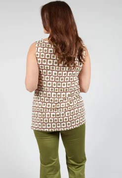 Printed Sleeveless Ruched Top in Naturale/Verde