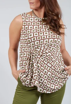 Printed Sleeveless Ruched Top in Naturale/Verde