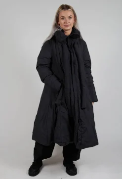 Puffer Coat with Flared Hemline in Black