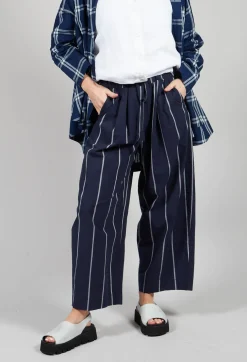 Pull String Waist Trousers in Indigo Striped