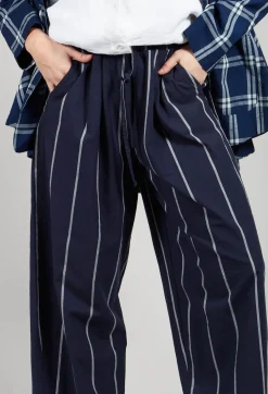 Pull String Waist Trousers in Indigo Striped