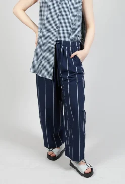Pull String Waist Trousers in Indigo Striped