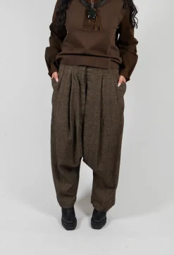 Relaxed Drop Crotch Trousers in Camel Check