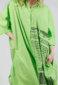 Relaxed Fit Shirt Dress with Lettering Motif in Lime Print