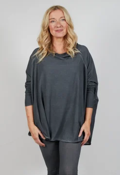 Relaxed Open Roll Neck Top in Slate Cloud