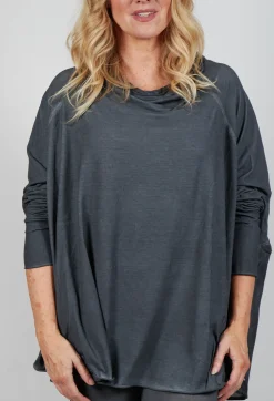 Relaxed Open Roll Neck Top in Slate Cloud