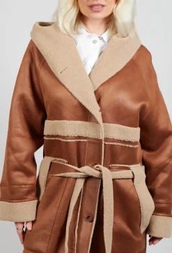 Reversible Long Faux Fur and Suede Coat in Tan and Biscuit