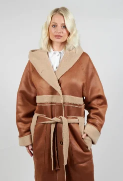 Reversible Long Faux Fur and Suede Coat in Tan and Biscuit