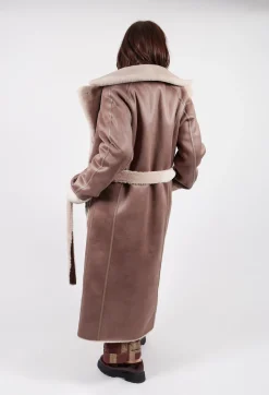 Reversible Longline Faux Fur Coat in Taupe