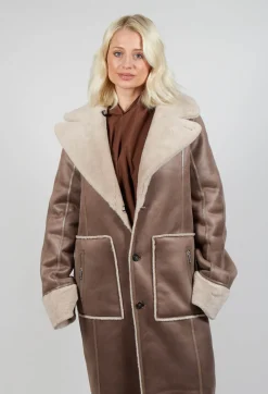 Reversible Longline Faux Fur Coat in Taupe