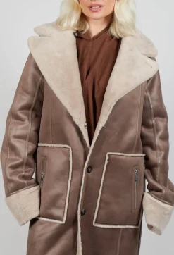 Reversible Longline Faux Fur Coat in Taupe