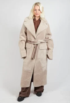 Reversible Longline Faux Fur Coat in Taupe