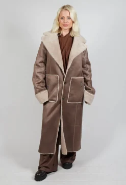 Reversible Longline Faux Fur Coat in Taupe