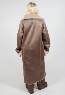 Reversible Longline Faux Fur Coat in Taupe