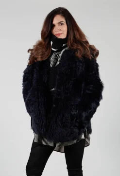 Reversible Shearling Coat with Fur Lining in Night Sky Navy
