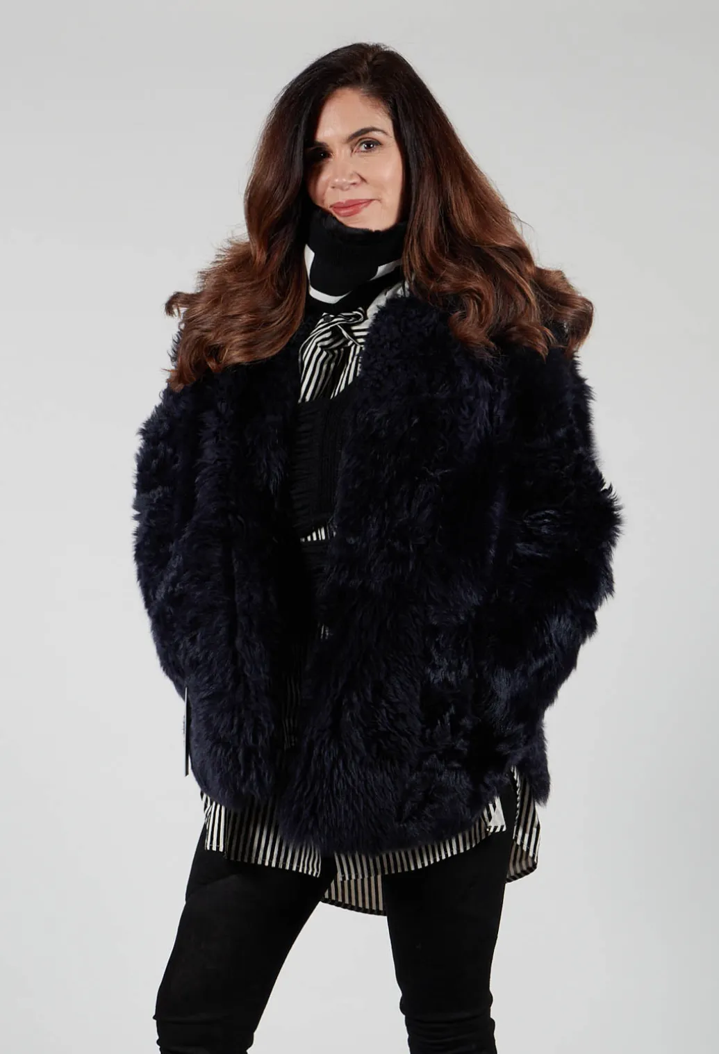 Reversible Shearling Coat with Fur Lining in Night Sky Navy