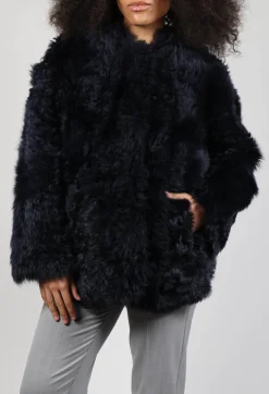 Reversible Shearling Coat with Fur Lining in Night Sky Navy