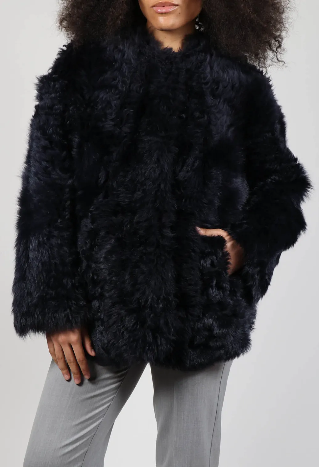 Reversible Shearling Coat with Fur Lining in Night Sky Navy