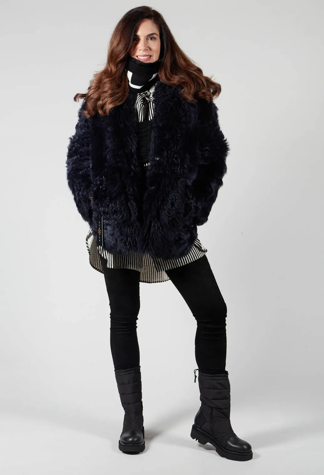 Reversible Shearling Coat with Fur Lining in Night Sky Navy