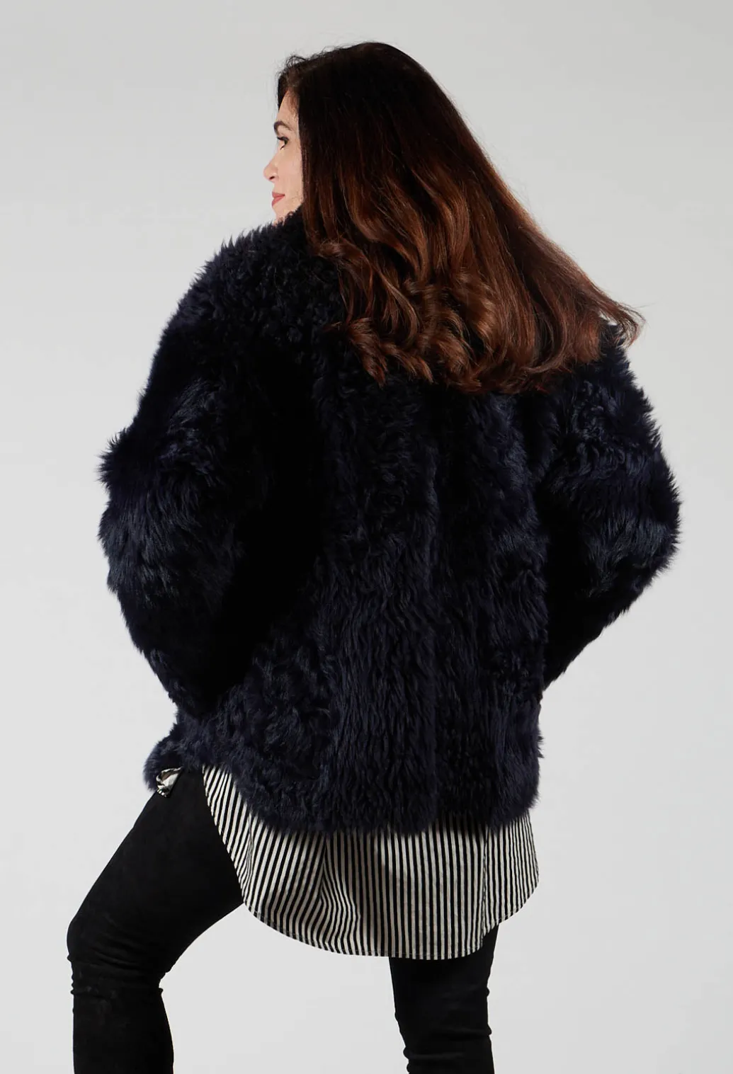 Reversible Shearling Coat with Fur Lining in Night Sky Navy